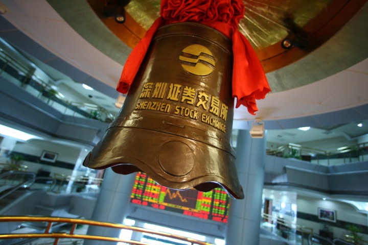 The bell used when introducing new stocks stands hangs in Shenzhen Stock Exchange, in Shenzhen, China, on February 17, 2006. Photo by Servais Mont/Pictobank.
