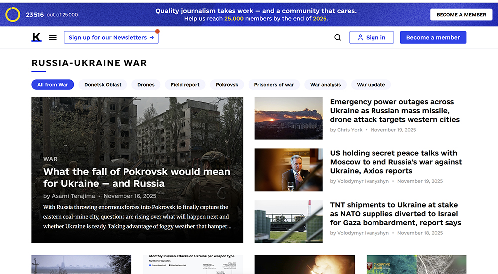 Capture d’écran du site du Kyiv Independent le 19 novembre 2025.